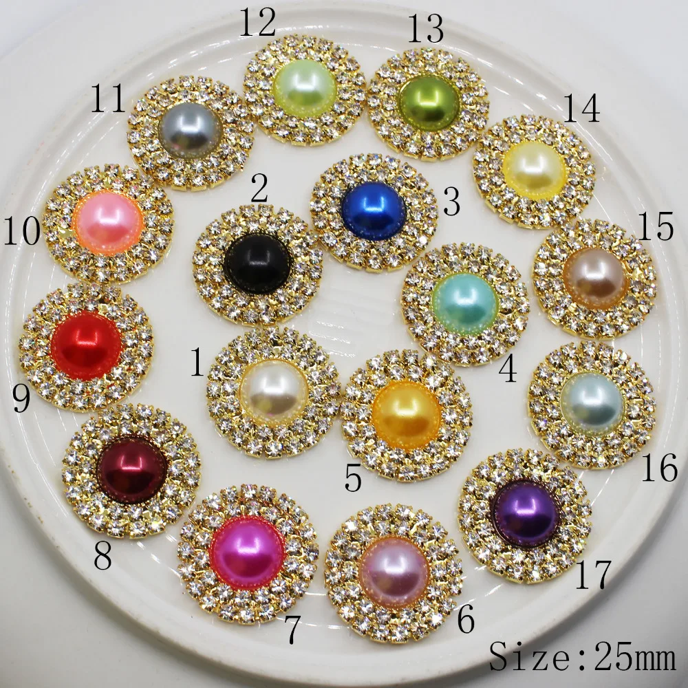 

Round 10pc 25mm golden metal pearl rhinestone Buttons Crystal Wedding Decoratio Clothing hair flower center scrapbooking