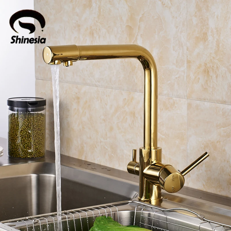 Luxury Gold Solid Brass Kitchen Sink Faucet Double Handles Pure Water