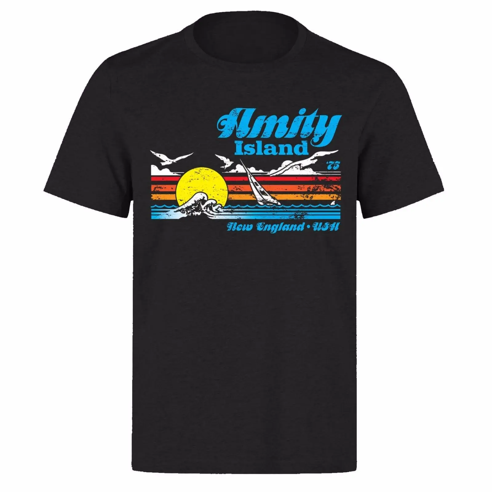 

AMITY ISLAND 1975 NEW ENGLAND JAWS GREAT WHITE SHARK PH70 BLACK T-SHIRT Print T-Shirt Mens Short Tee Shirt Homme Tshirt Men