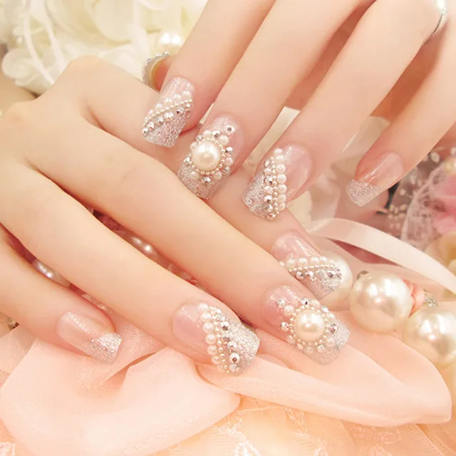 24pcs Set Nail Fake False Kit Bride White Pearl Stickers 24pcs Set Nail Fake False Kit Bride White Pearl Stickers Patch Wedding Party