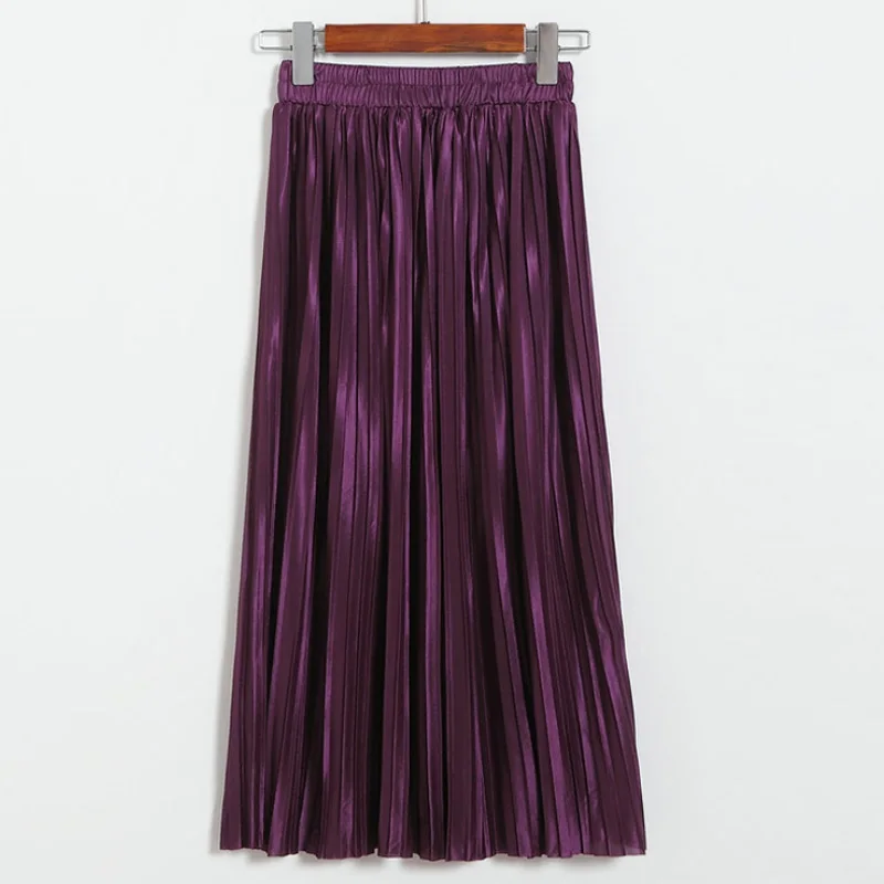 Aonibeier Women Pleated Skirt Long Skirt Elastic High Waist Midi Skirt Autumn Sexy Fashion Female Vintage Metallic Skirts Womens - Цвет: Purple