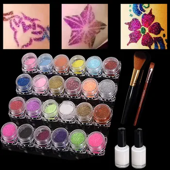 

new 24pcs temporary flash powder tattoo art paint makeup set fancy women body art design DIY henna mold + brush + glue kit ink