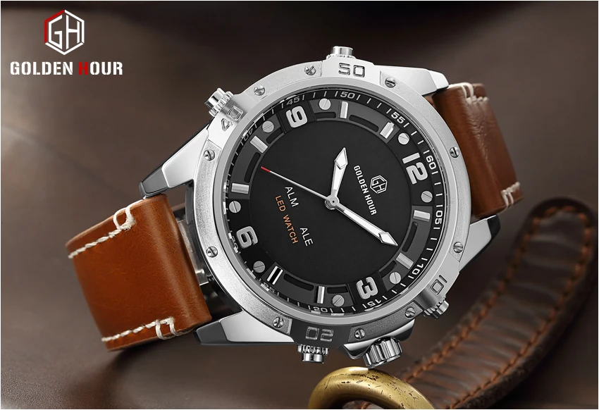 GOLDENHOUR Sport Watches Men Quartz Analog LED Leather Military Waterproof Watch gift_voghion.com