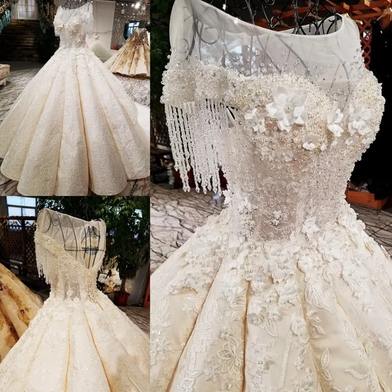

2018 Luxury wedding dress o-neck ball gown lace up bridal wedding gowns with long train as photos