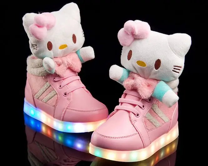 Новинка рисунок «Hello Kitty» обувь для детей со светодиодной подсветкой обувь для девочек прекрасный зарядка через USB освещенные дети Сапоги и ботинки для девочек детей Обувь LED Chaussure Enfant G3