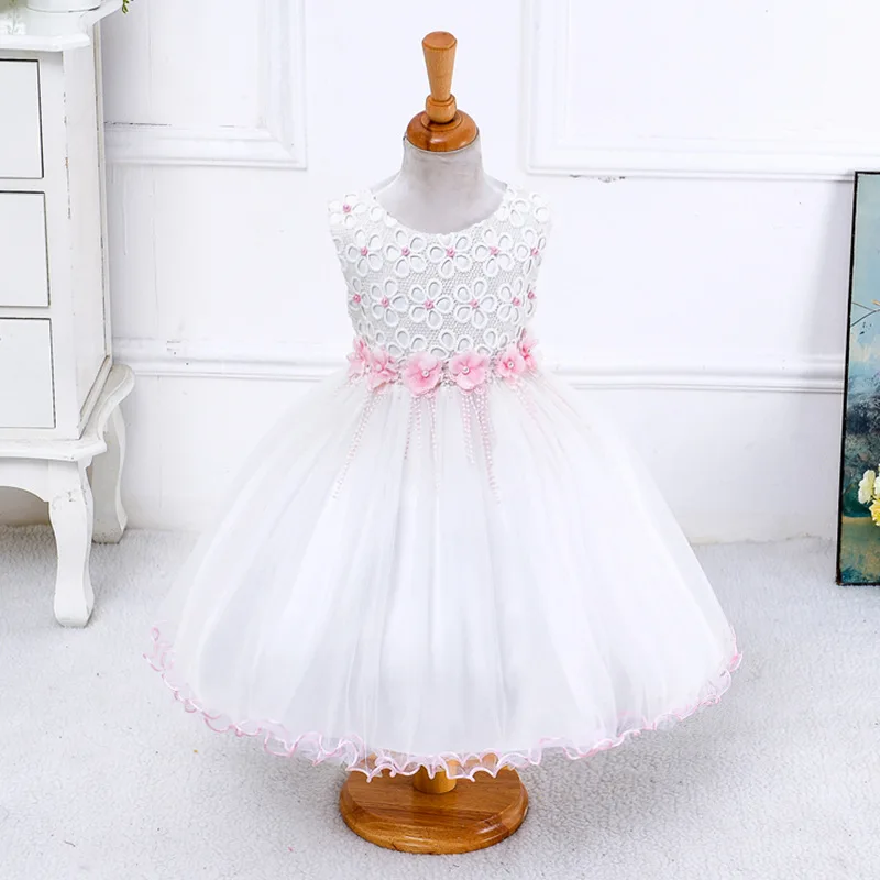 

Princess Flower Girl Dress For Wedding Party High Quality Bridesmaid Kids Bow Sleeveless Trailing Lace Tulle White Tutu Dress