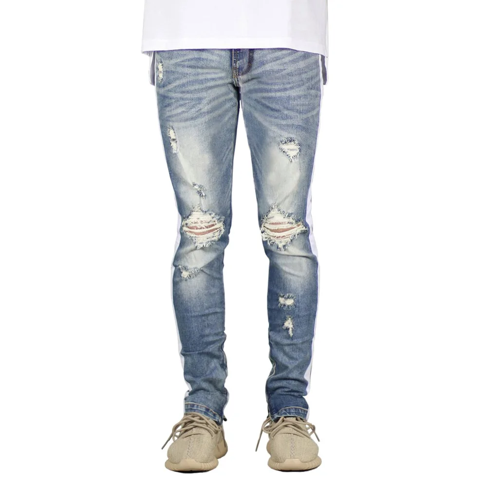 Fashion Men Jeans Stretch Skinny Ripped Jeans With Stripe Side Y5035
