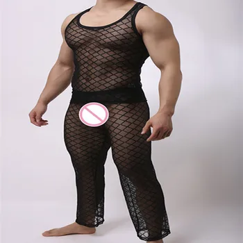 

Fashion Men's Mesh Argyle Transparent Sleep Pajama Sets Sexy Bodybuilding T Shirts And Long Pants