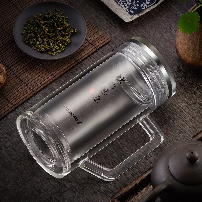 

Office Glass Water Bottle Double Wall Thicken Glass With Tea Infuser SUS304 Inner Cover Hand-made Glass 350ml With Handle Office