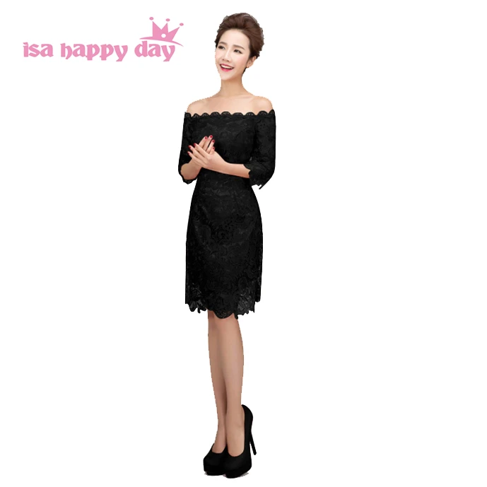 Modest Elegant Formal Short Black Lace Super Sexy Boat Neck Cocktail Dresses Bandage Dress With Sleeves