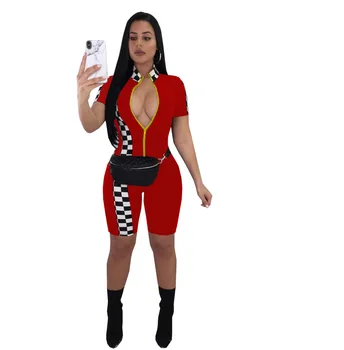 

2018 Sexy Summer Rompers Women Bodycon Jumpsuit Shorts Overalls Checkerboard Zipper Playsuit Club One Piece Outfit