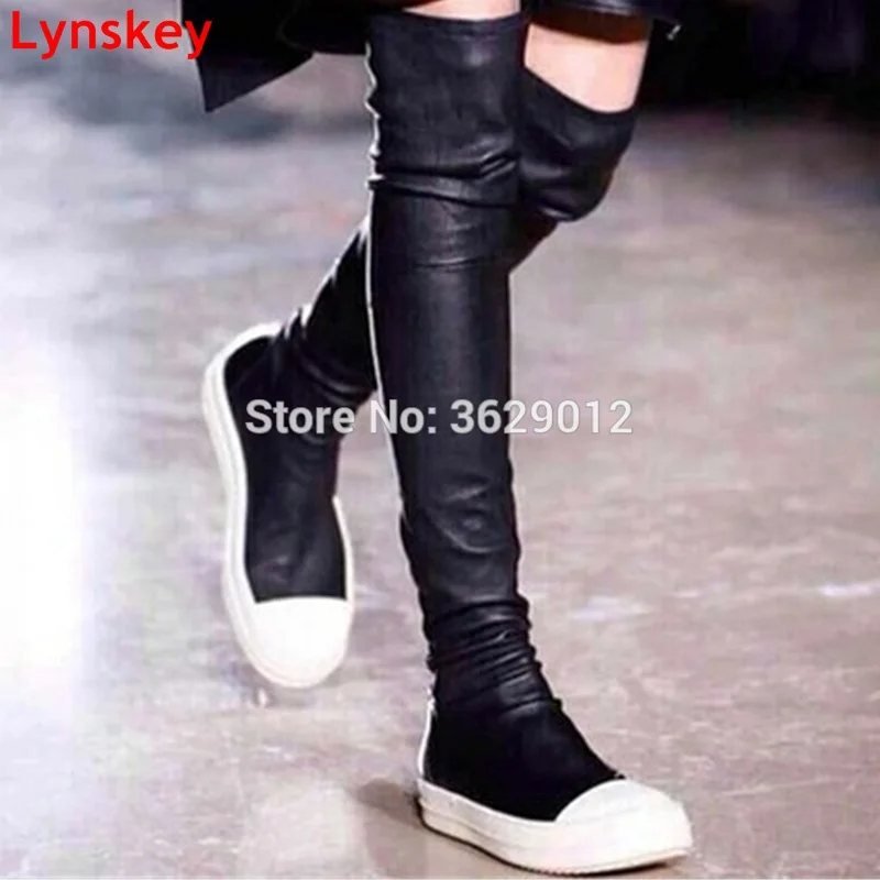 

Lynskey New Fashion Women elastic over the knee Boots Ladies shoes Patchwork Round toe slip-on Flat Boots