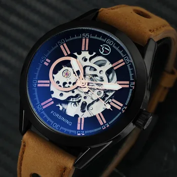 

FORSINING Fashion Cool Men Skeleton Automatic Mechanical Watch Nubuck Leather Strap Blue Mirror Case Luxury Male Wristwatch