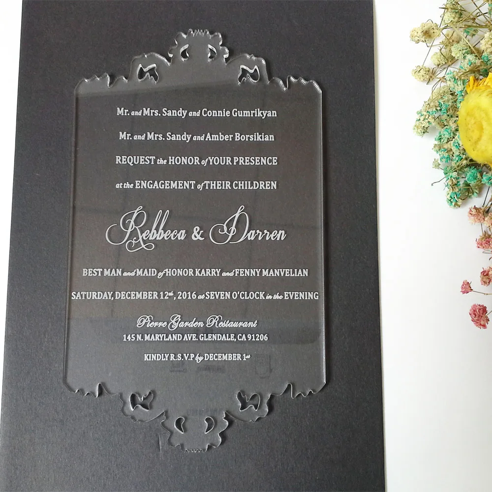  Customized 110*180mm laser engraved letters Hollow pattern clear acrylic wedding invitation card (1 - 32763446919