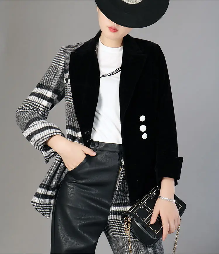 Plaid Pant suit women New Fashion Vintage plaid woolen velvet stitching small suit blazer + Leather pants two-piece suit