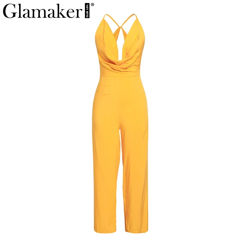Glamaker Elegant solid deep V neck loose jumpsuit Women Casual holiday beach spring long playsuit Summer sleeveless sexy romper