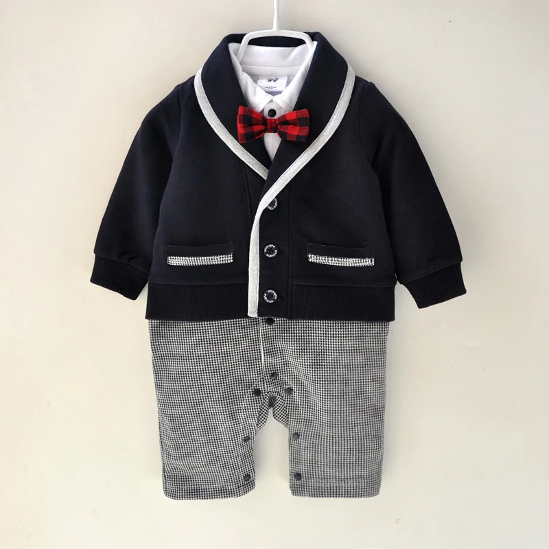 New Fall Baby Boy Cotton Jumpsuit Rompe Gentleman Gray Navy Overall Bodysuit Infant Boys Clothes