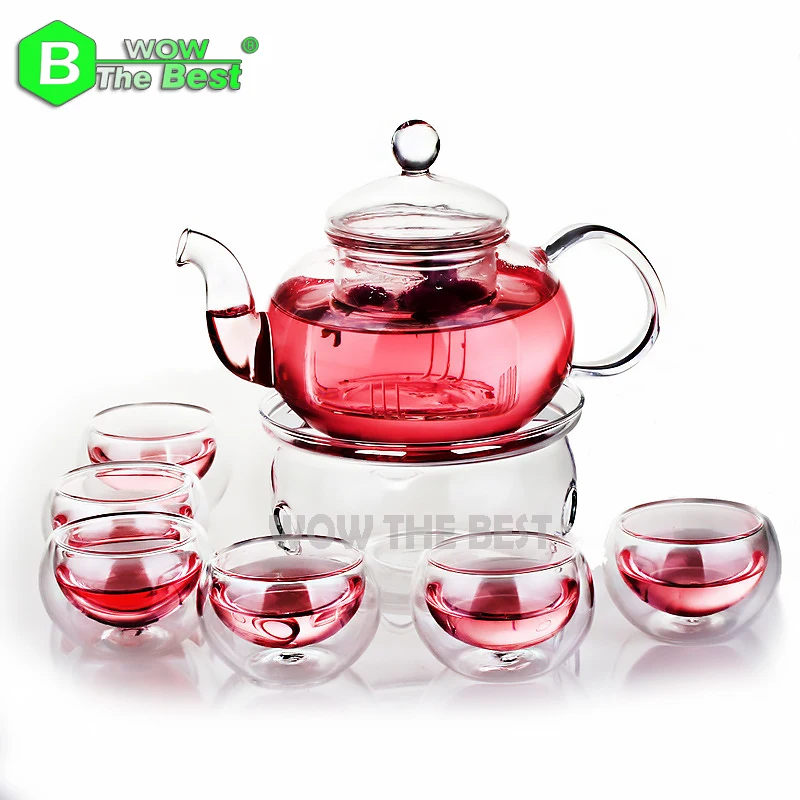 

Glass Teapot set + Six tea Cups + heating base Teaware Glass coffee pot Sets Teapot With Filter sets