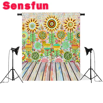 

Vinyl Photography Background Computed Printed Cartoon Sunflower Wooden Floor Children Backdrops for Photo Studio 7x5ft