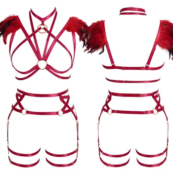 

Crop Top Body Harness Bra Pentagram Lingerie Set Full Bondage Feather Wings Strappy Bralette Fashion Adjust Harajuku Festival