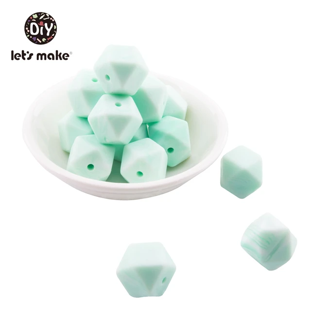 Let's Make Silicone Beads Hexagon Beads 14mm 10pc Food Grade Silicone Teether DIY Pacifier Clips Beads Necklace Baby Teether Marble Mint