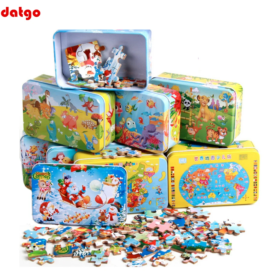 60 Pieces Puzzle Wooden Toys Cartoon Animal Wood Puzzles with Iron Box Kids Baby Early Educational Learning Toys for Children