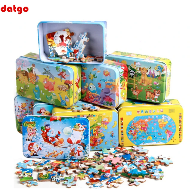 60 Pieces Puzzle Wooden Cartoon Animal  Wood with Iron Box Kids Baby Early Educational Learning Toys for Children 1