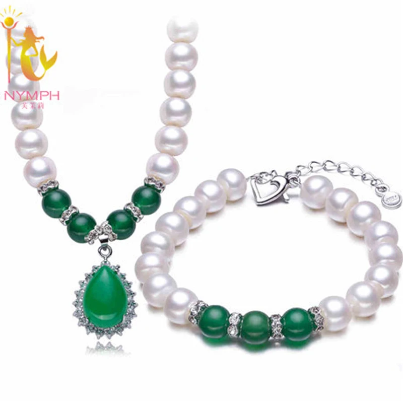

[NYMPH] Pearl Jewelry Natural Freshwater Pearl Jewelry Sets With Green Agate Fine Jewelry Party Gift For Women T112