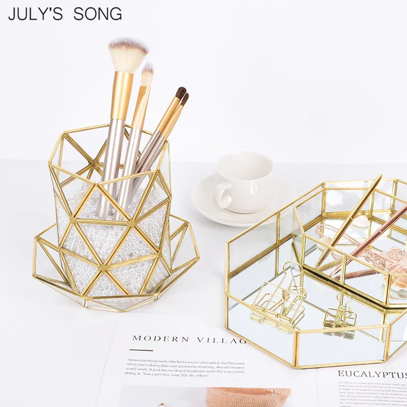 JULY'S SONG Изысканная Золотая стеклянная коробка для хранения, органайзер для макияжа, косметический держатель для кистей, чехол, лотки для мелочей, Декор для дома, офиса, стола