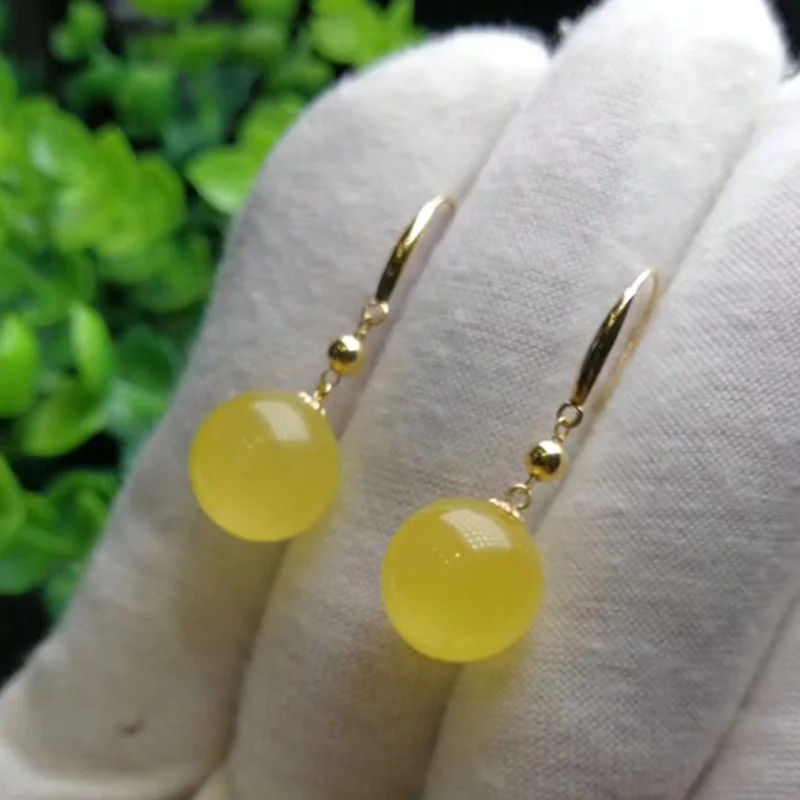 Sinya 11mm Amber Round beads earring Au750 18k gold dangle drop earring for women Mother 2018 new arrival best gift (6)
