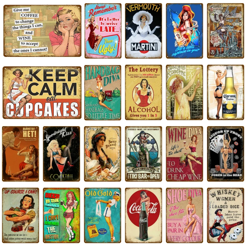 

Pin Up Girls With Beer Wine Whiskey Coffee Metal Signs For Pub Bar Cafe Party Home Casino Decor Sexy Lady Vintage Wall Poster