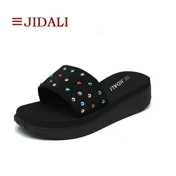 

JIDALI Fashion Shoes Women Platform Wedges Black Elastic Colorful Round Metal Studs EVA Outdoor Slide Sandal Size 35-39