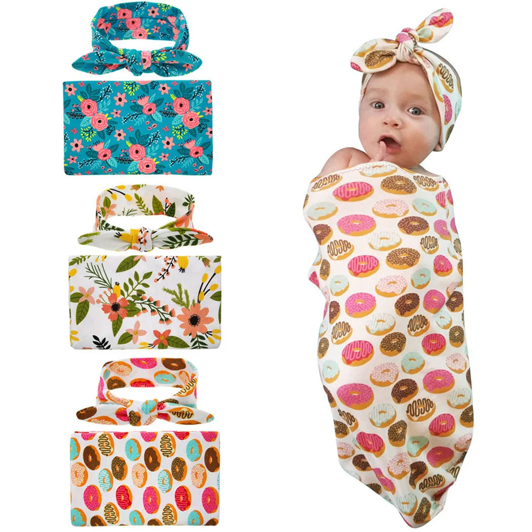 Soft Baby Swaddle Floral Doughnut Swaddle Blanket Receiving Blanket Shower Blanket With Headband