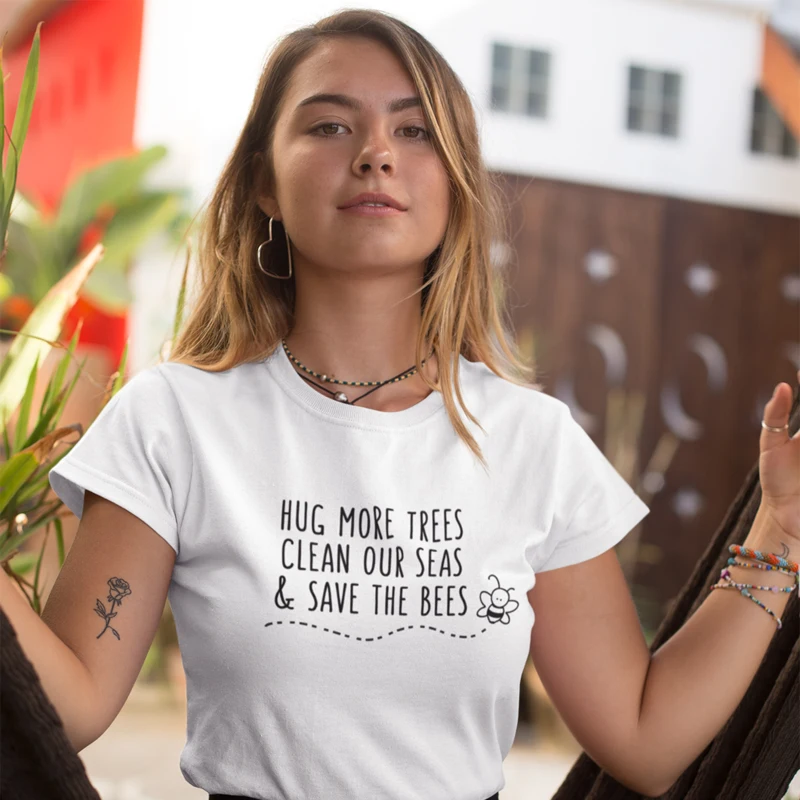

ONSEME Female Cute Bees Graphic T Shirts Hug More Trees Clean Our Seas Save The Bees Letter Slogan T Shirt Casual Cotton Tees