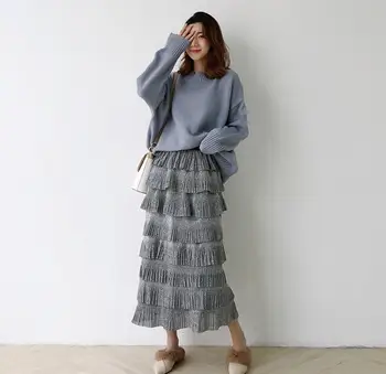 

Autumn And Winter Korean version Silver Black fashion woman skirt Wild slim Ruffles cake skirt female Temperament fashion skirt