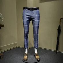 Мужские нарядные брюки с буквенным принтом, серые клетчатые облегающие брюки для костюма, укороченные брюки, модная офисная свадебная одежда для жениха размера плюс