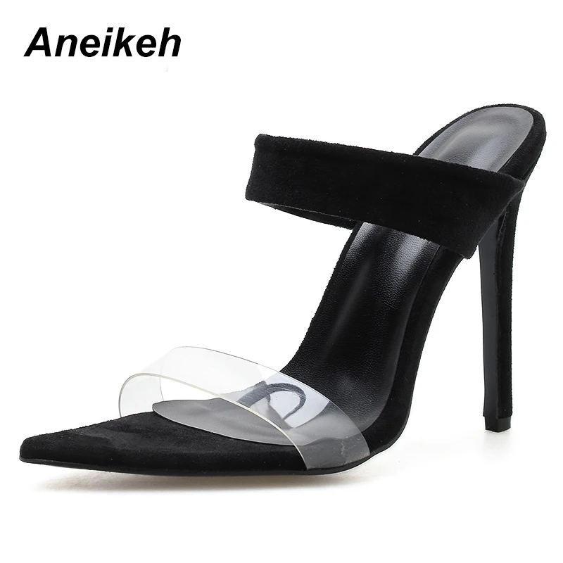 

Aneikeh New 2019 Summer Fashion High Quality PVC Women Shoes Ladies Sandals Open Toe Slipper Thin Heels Pumps High Heels black