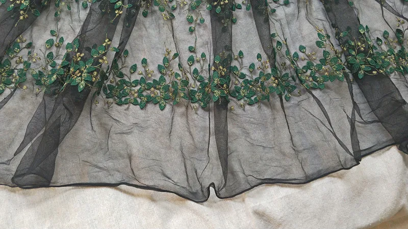 130 см 51,18 дюйма широкая Вышивка Тюль кружевная ткань в черном+ зеленом+ золотом, вечерние платья ткань