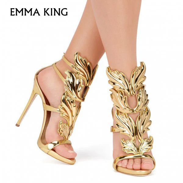 

EMMA KING Thin High Heels Women Sandals Wings Shape Fashion Mujer Party Shoes Ankle Buckle Round Toe Sexy Lady Solid Color Shoes
