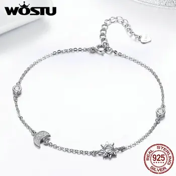 

WOSTU 2020 New Fashion 100% 925 Sterling Silver Sun & Moon Link Chain Bracelet For Women S925 Silver Chain Jewelry Gift BKB081