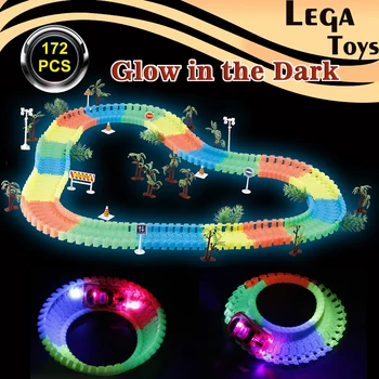 

DIY Miraculous Glowing Race Track Bend Flex Flash in the Dark Electronics Racing Railway Track Set with 5 LED light-up race Car