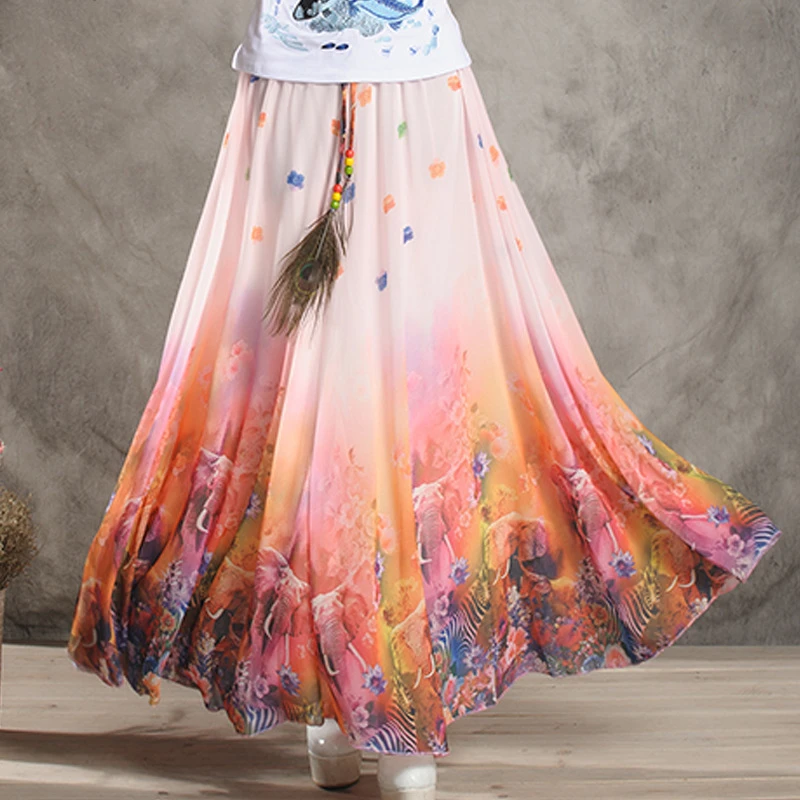 SALE Vintage Printed feather Chiffon Women Long Skirts Summer Big Hem