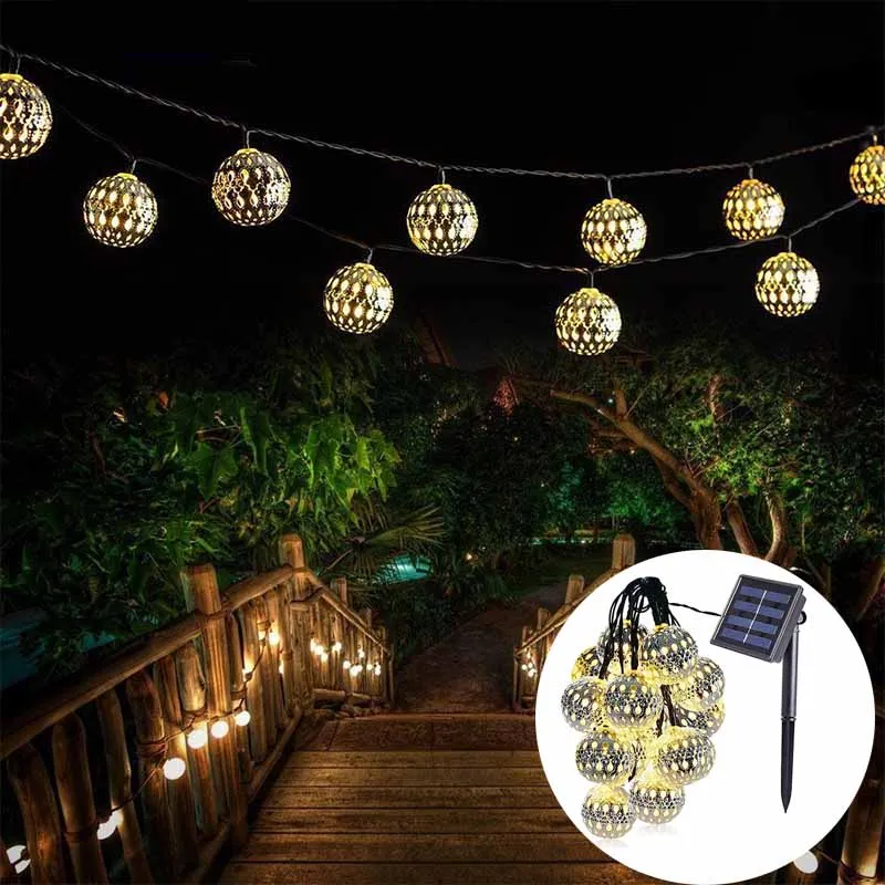 Solar String Lights Outdoor Lantern Ball Moroccan 20 Led Waterproof