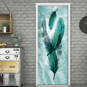 

2Pcs/Set Beautiful Blue Feather Art Decor Home Creative DIY 3D Door Stickers Pattern for Wall Room Home Door Decor Decals Mural
