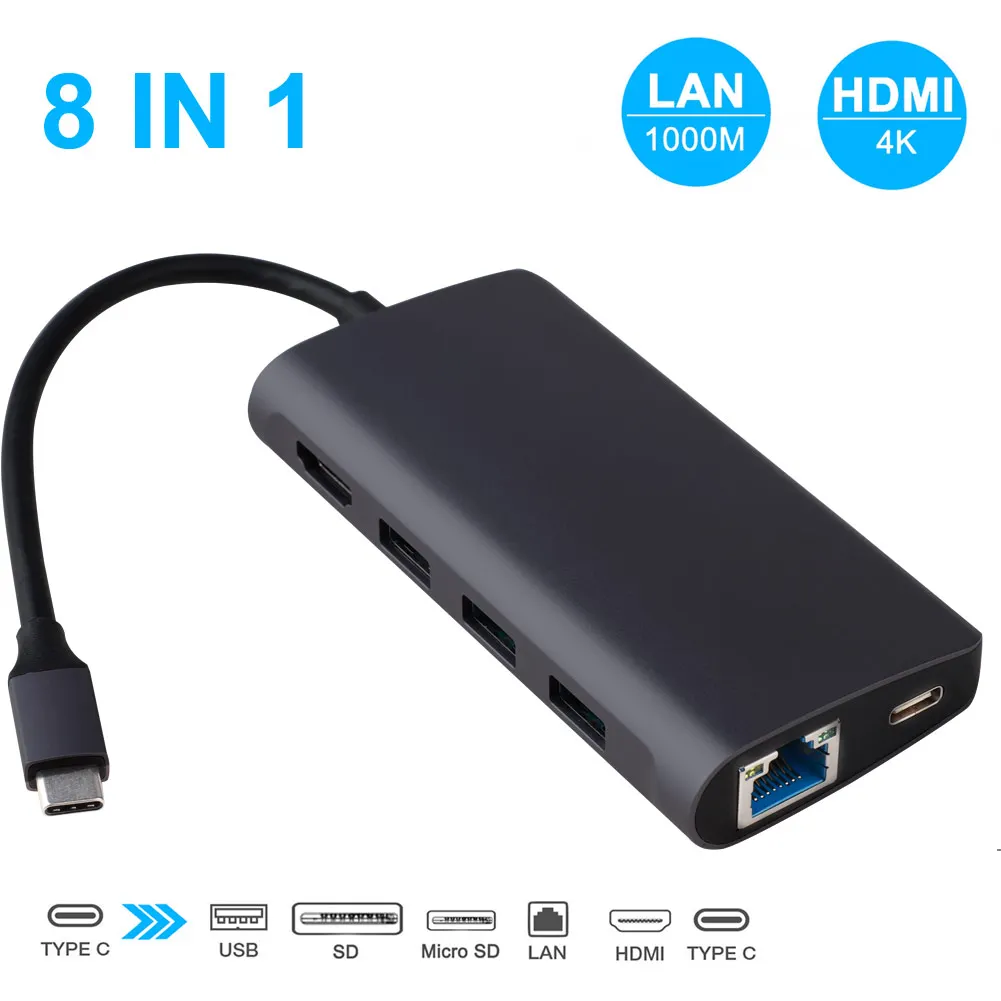 8 в 1 USB-C концентратор тип-c для мульти USB 3,0 HDMI 4 k RJ45 адаптер питания Тип c концентратор сплиттер для Macbook Pro Air