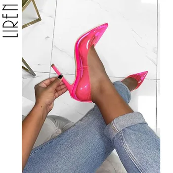 

Liren New Women Sandals Sexy PVC Candy Color High Heels Transparent Shallow Mouth Pointed Stiletto Sandals High Heel Shoes Pink