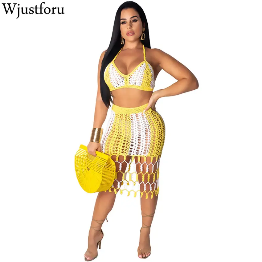 

Wjustforu Sexy Knitting Beach Two Piece Skirt Women Bandage Bra Tops + Mini Skirt Female Fashion Elegant Summer Two Piece Set