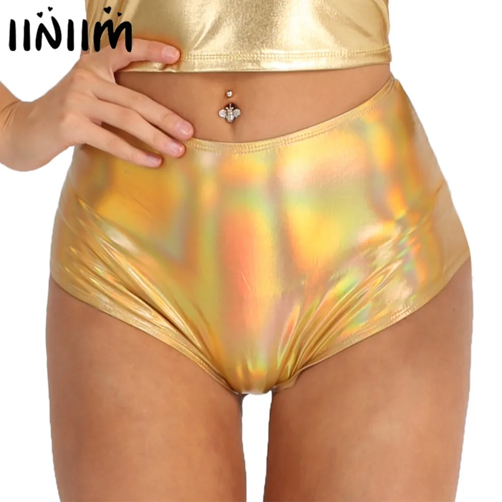 

iiniim Womens Shiny Panties Metallic Back Zipper High Waisted Booty Shorts Sexy Clubwear Lingerie Femme Pole Dance Underwear