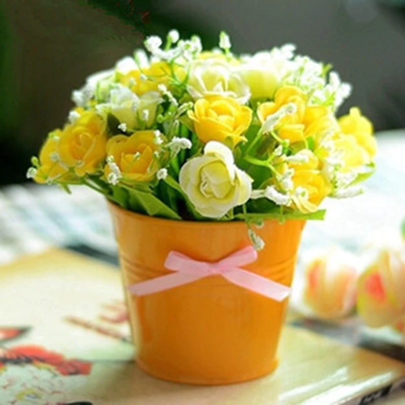 HI-Q, новинка, 1 набор, Мини Милая железная ваза+ шелковые цветы, искусственный цветок, набор для украшения дома, мини бонсай, Флорес, искусственные цветы - Цвет: 007