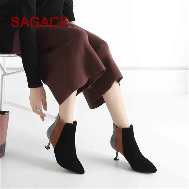 

HB@Women Ankle Boots Mid High Heels Short Boots 2018 Winter Pointed Toe Spike Heels Autumn Shoes Slip On Green Big Size